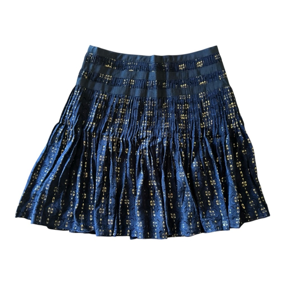J CREW Skirt size 00 Navy Blue Gold Metallic Silk Dot Pintuck Pleat Mini E4080